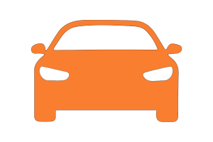 The image features a simple, stylized orange car silhouette against a black background, highlighting its front view.